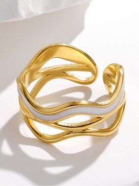 Gold Tone Open Wave Ring with White Enamel Accent